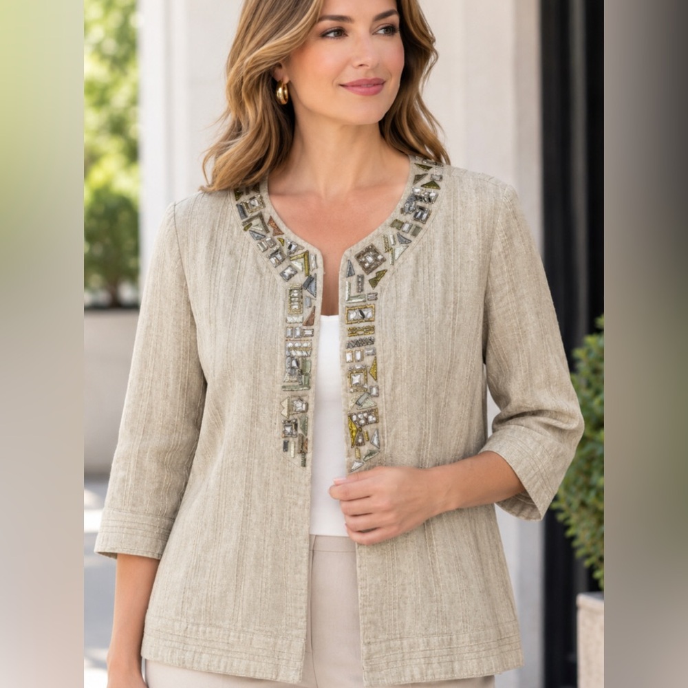 Chico's Beige Embellished Linen-Blend Jacket 1